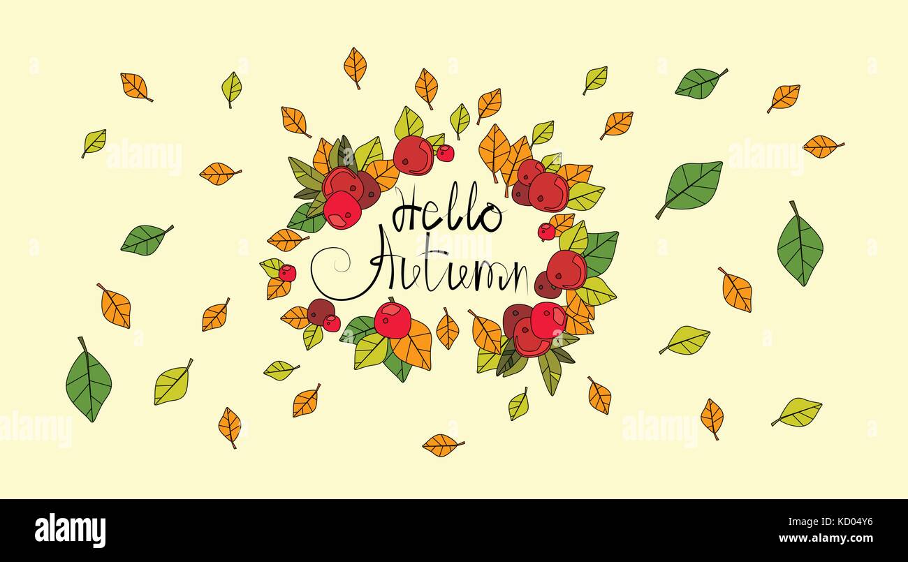 Hello Autumn Season Banner With Hand Draw Lettering Fall Greeting Card ...