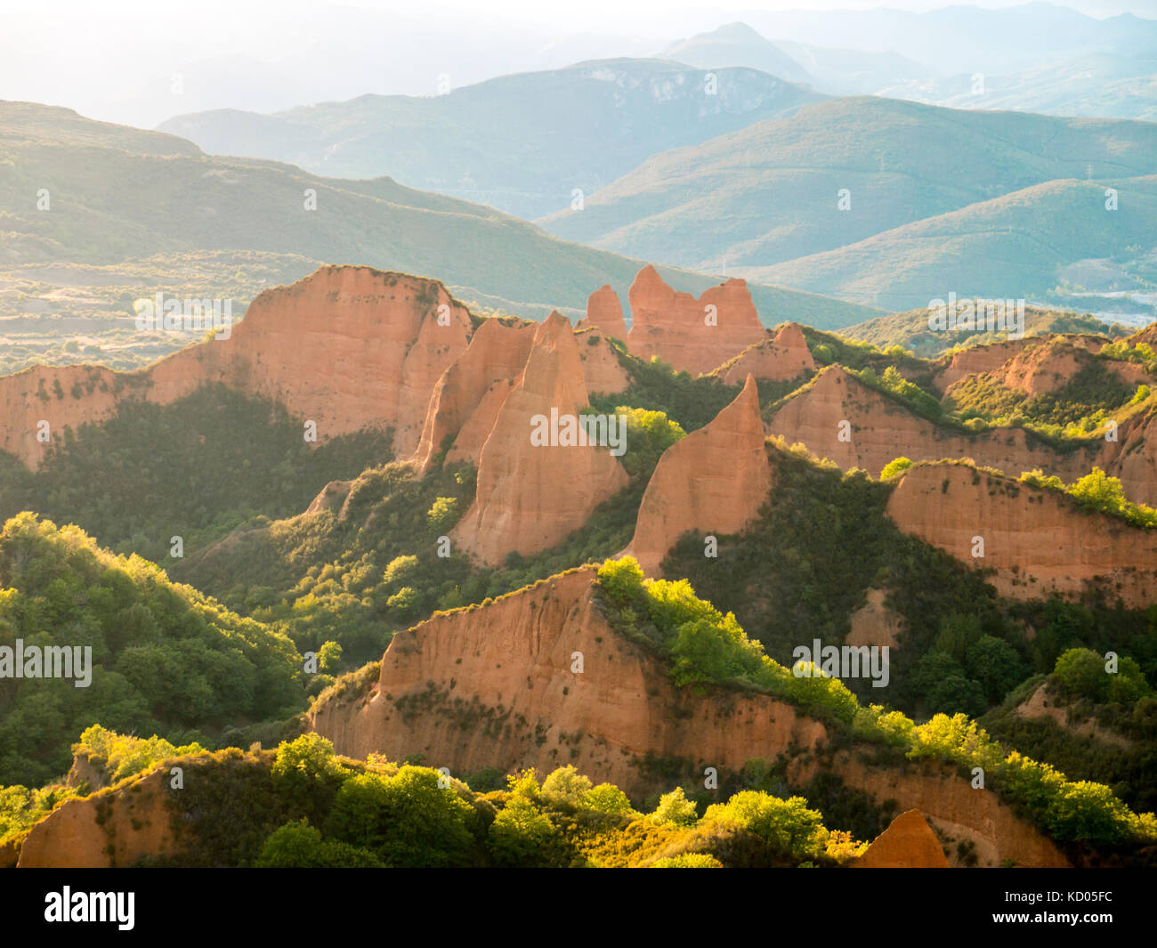 Las Medulas historic gold mining site near the town of Ponferrada in the province of Leon, Castile and Leon, Spain. Scenic Landscape at sunset. Stock Photo