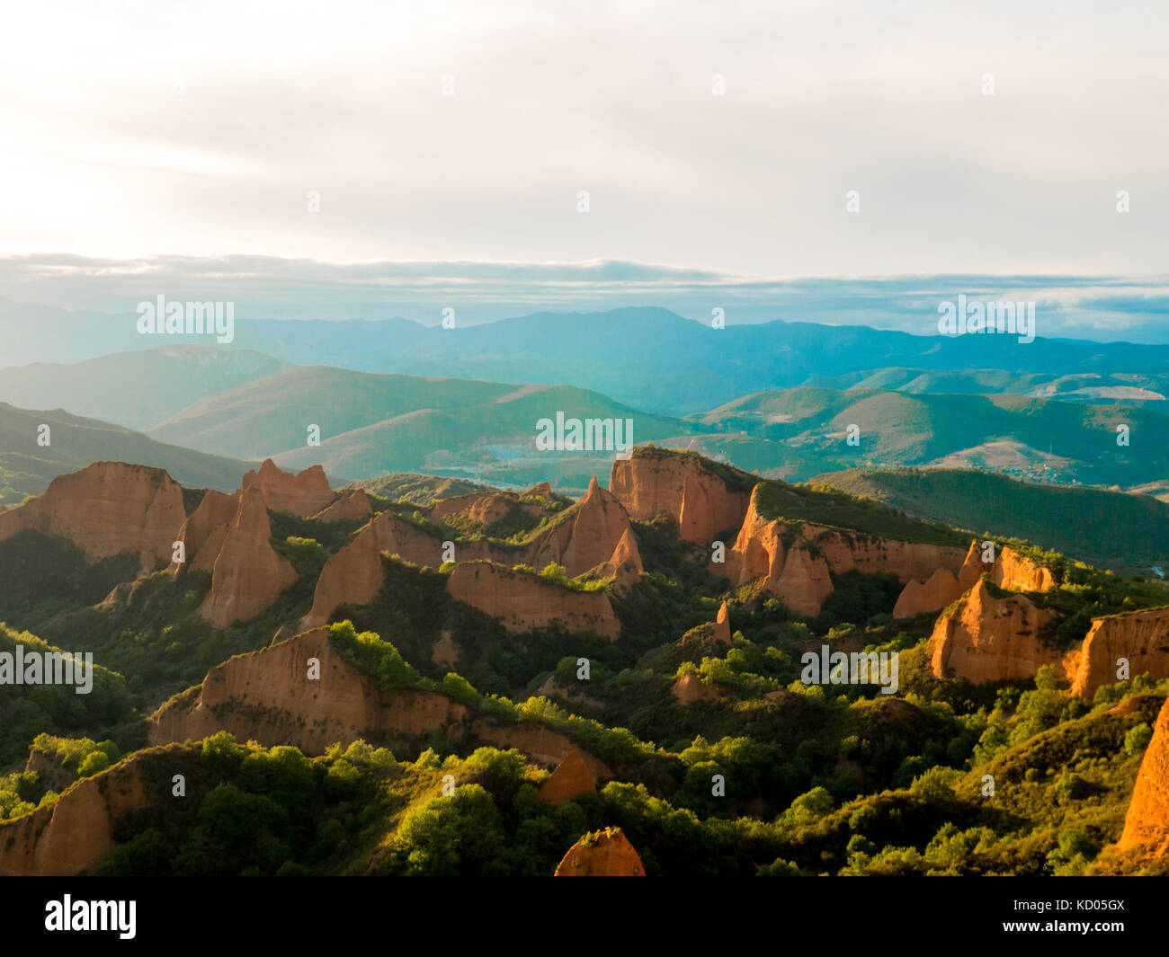 Las Medulas historic gold mining site near the town of Ponferrada in the province of Leon, Castile and Leon, Spain. View from Orellan viewpoint at sun Stock Photo