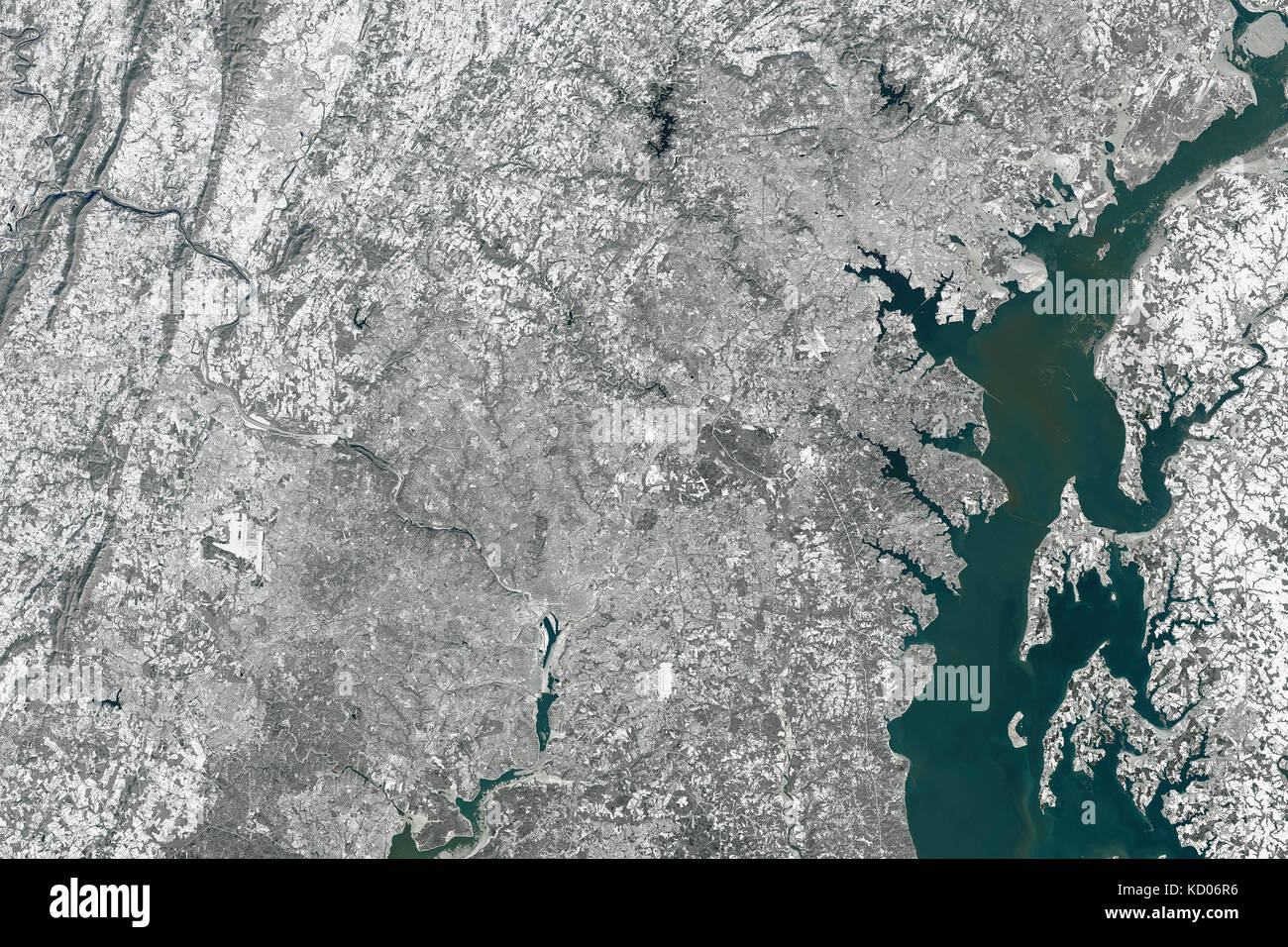 Satellite image of of Virginia, Maryland, and Washington, D.C. in the early afternoon on January 24, 2016 after heavy snowfall Stock Photo