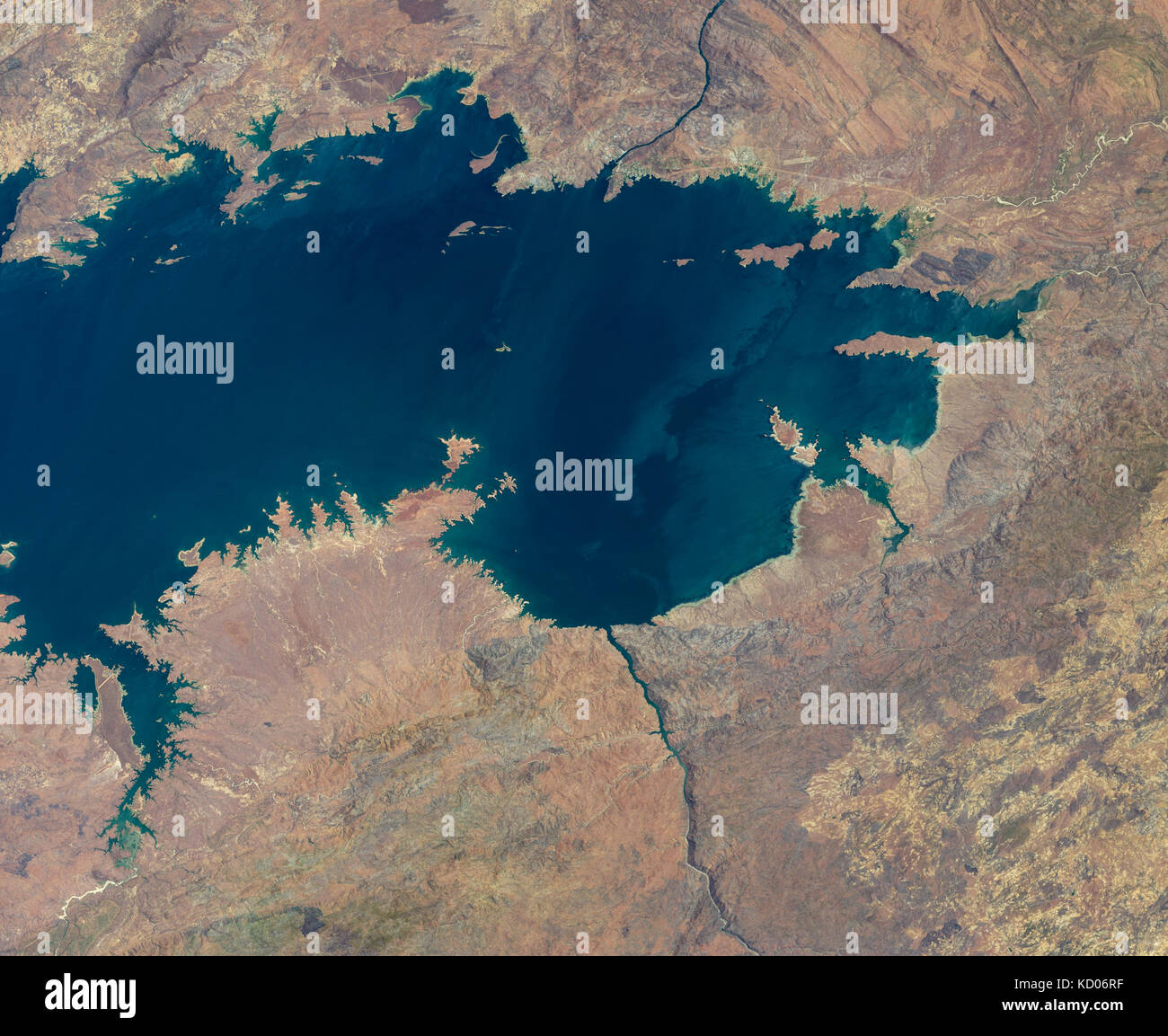 Satellite image of Lake Kariba—one of the largest artificial reservoirs in the world—straddles the border between Zambia and Zimbabwe Stock Photo