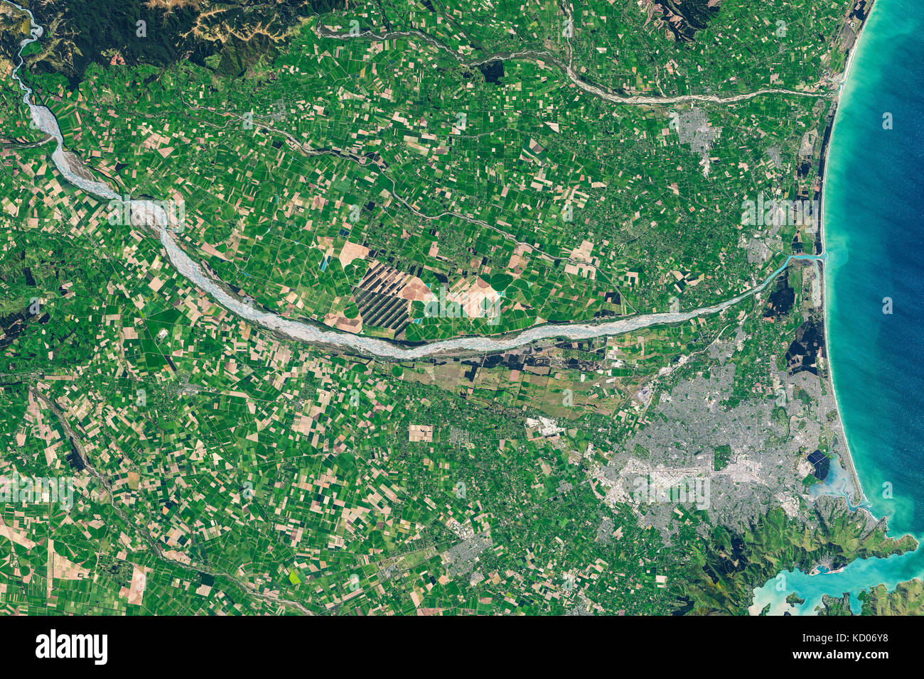 Satellite image of New Zealand’s Canterbury Plains and Eyrewell Forest Stock Photo