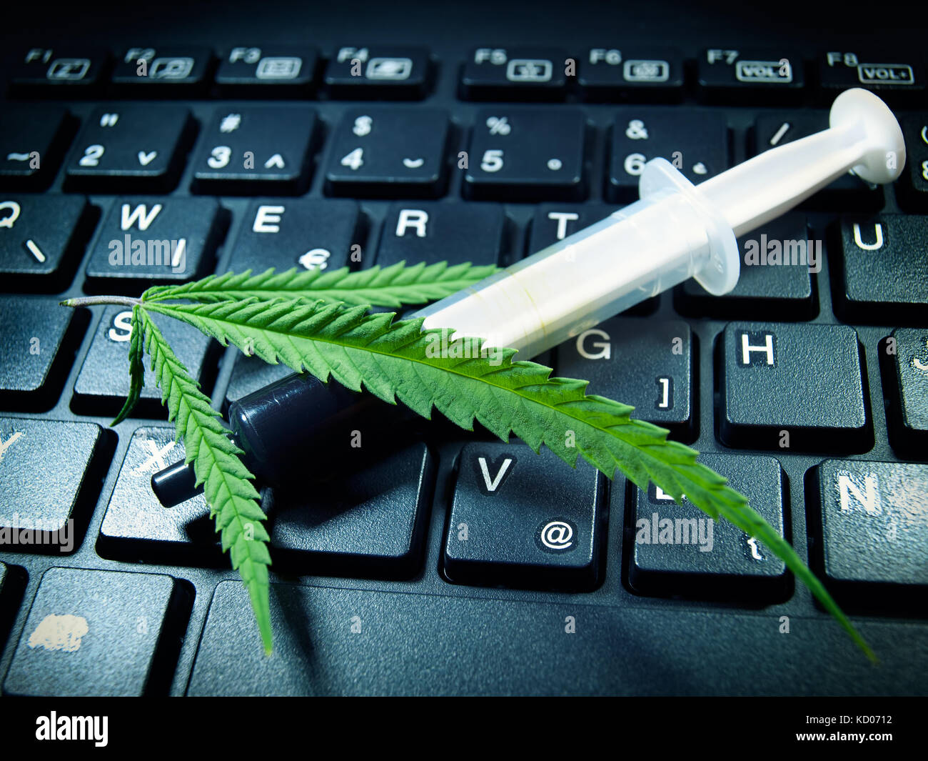 Hemp or Cannabis leaves and a syringe with dark oil on a computer keyboard. Stock Photo