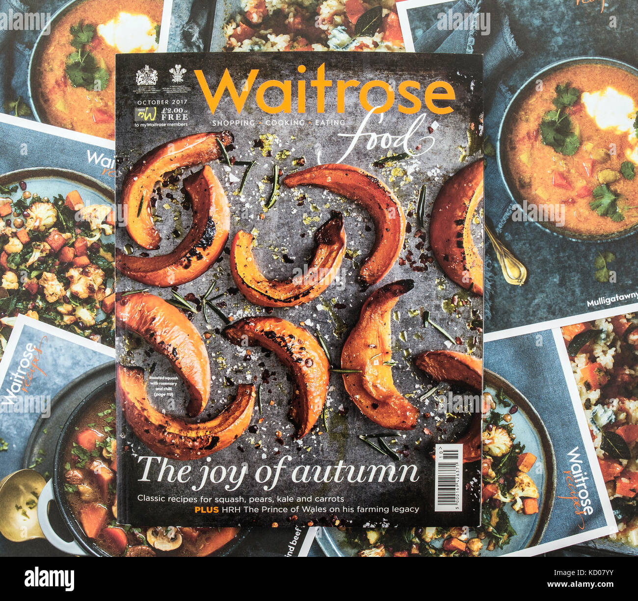 SWINDON, UK - OCTOBER 8, 2017: Waitrose Autumn Food Magazine with Recipe cards Stock Photo