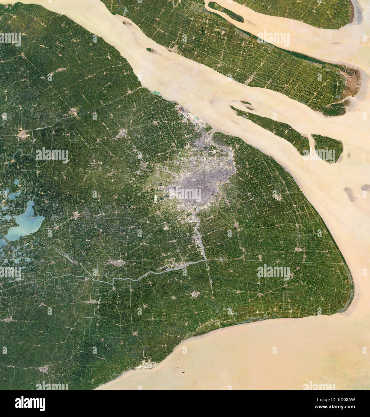 satellite image of Shanghai, China, and the Yangtze River showing sediment Stock Photo