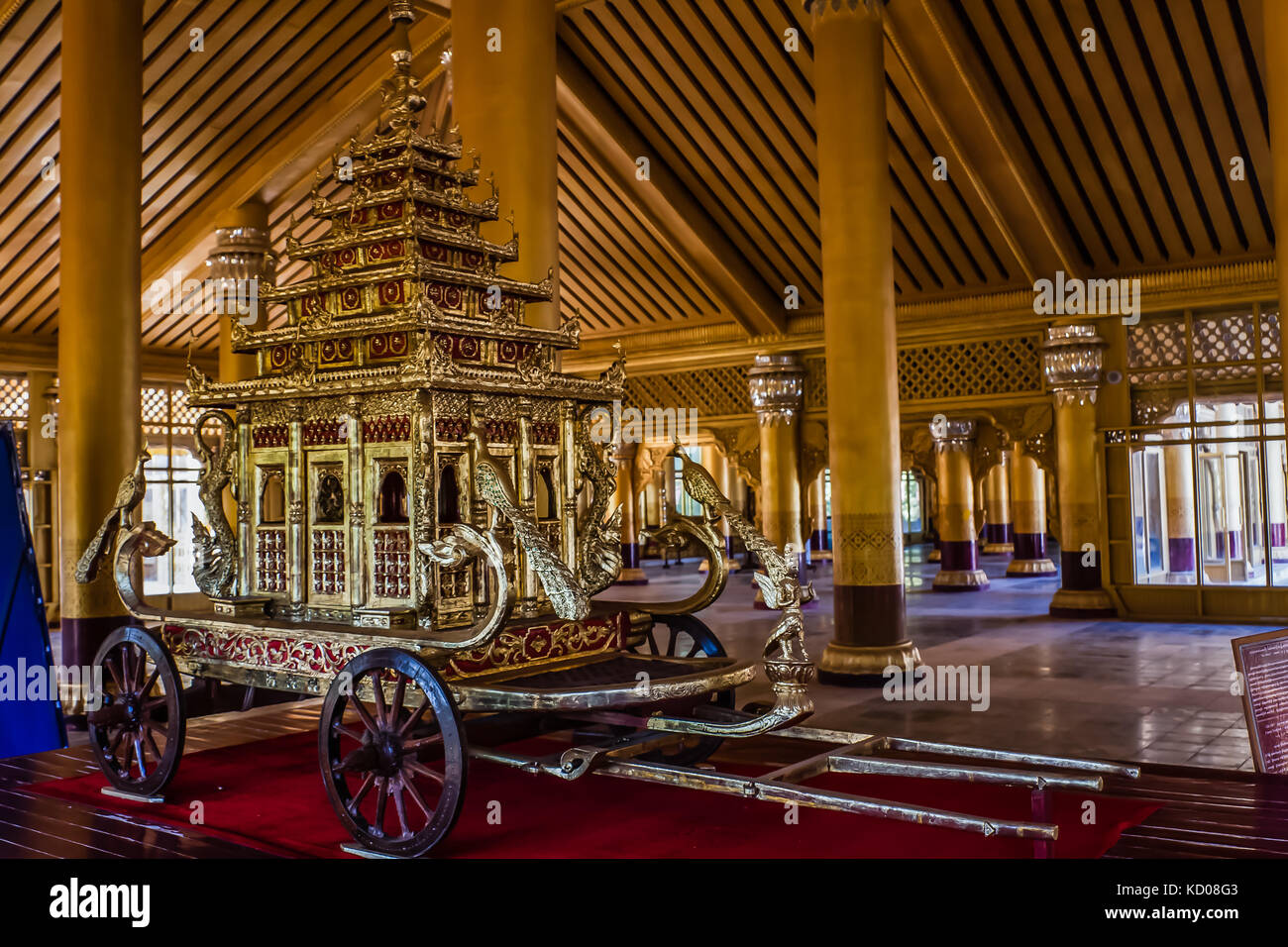 The Great Audience Hall and Royal Coach at the Kanbawzathadi Palace, Bago, Myanmar Stock Photo