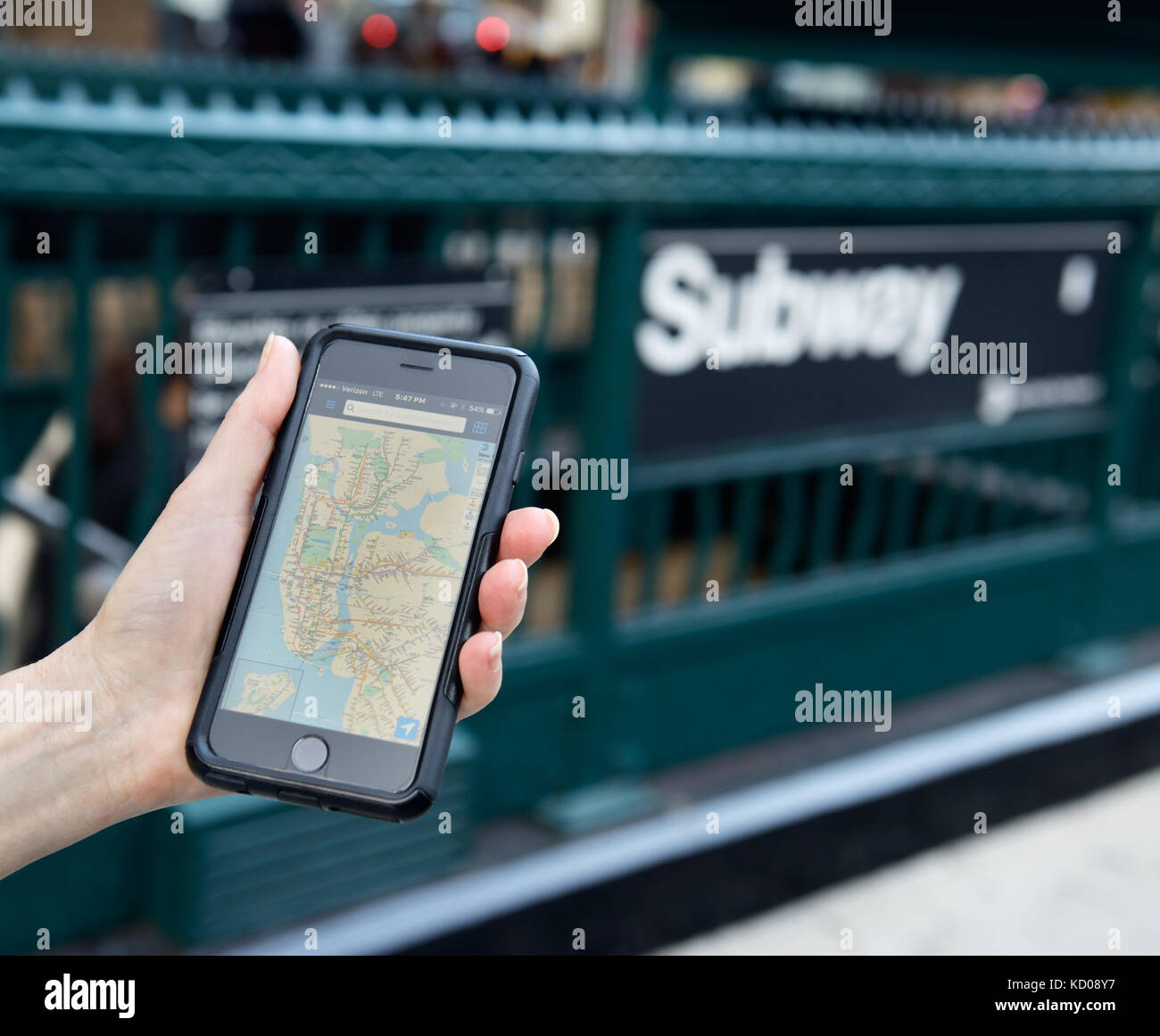 Subway map app application on mobile phone, New York City Stock Photo