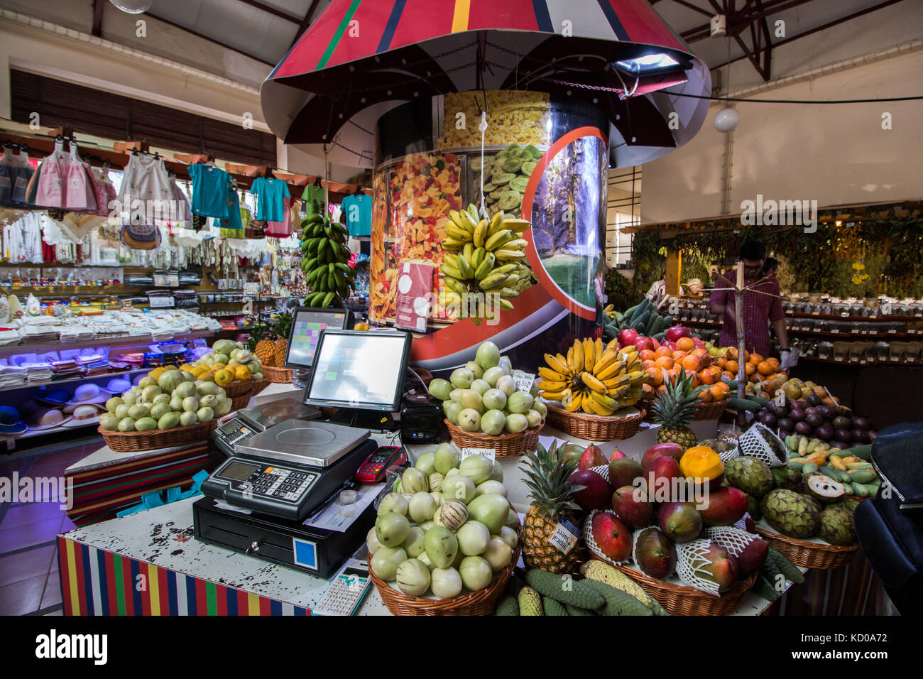 Variety of exotic fruits at sale on the market. Stock Photo