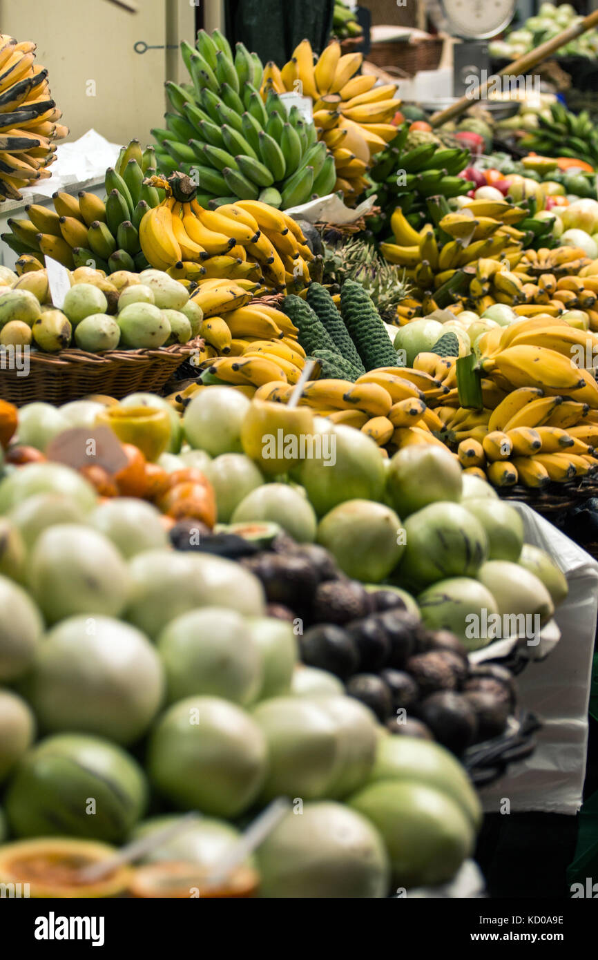 Variety of exotic fruit at sale on the market. Stock Photo
