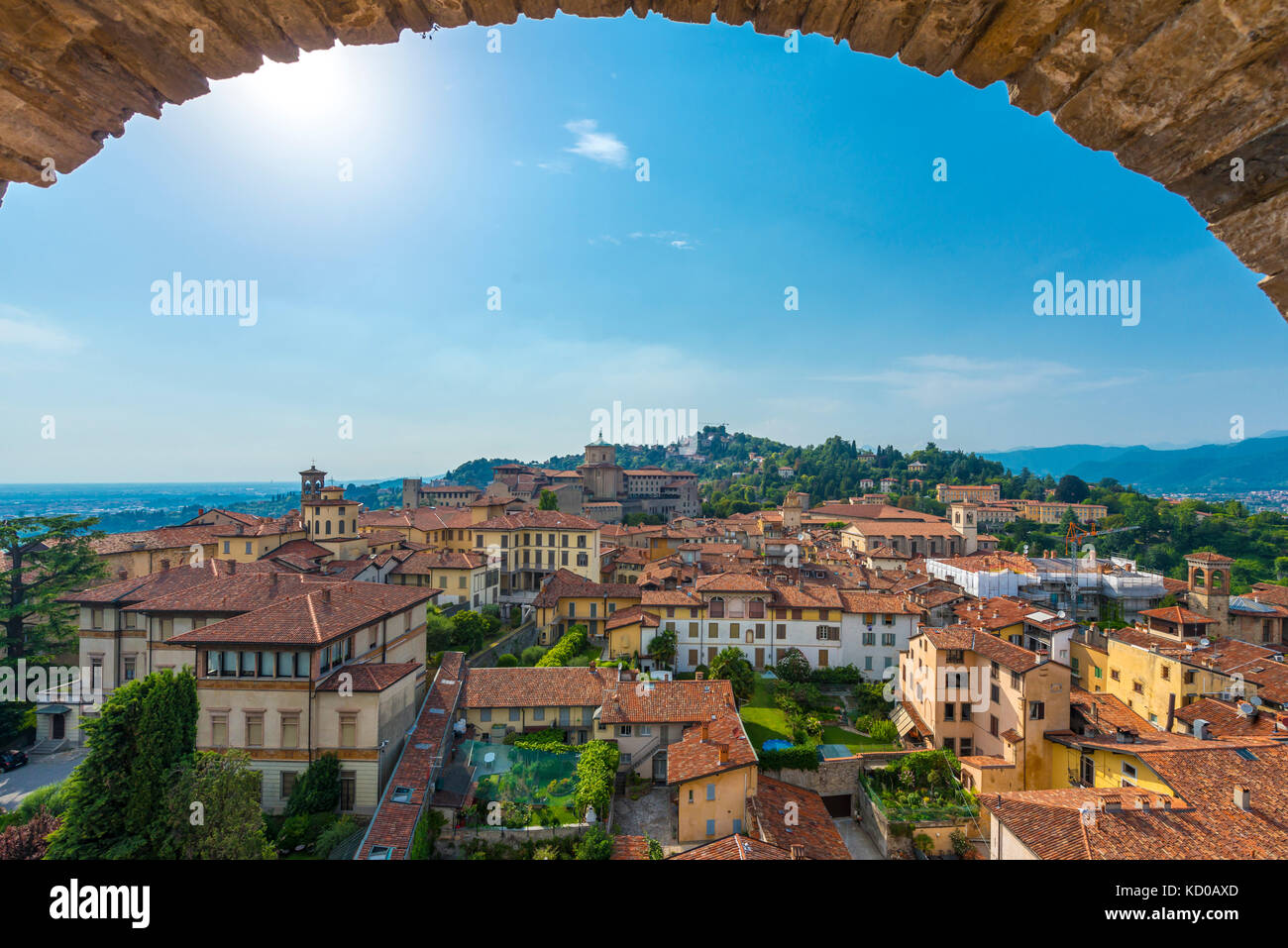 View of Bergamo from the old town tower Campanone Torre Civica, Bergamo, Province of Bergamo, Lombardy, Italy Stock Photo