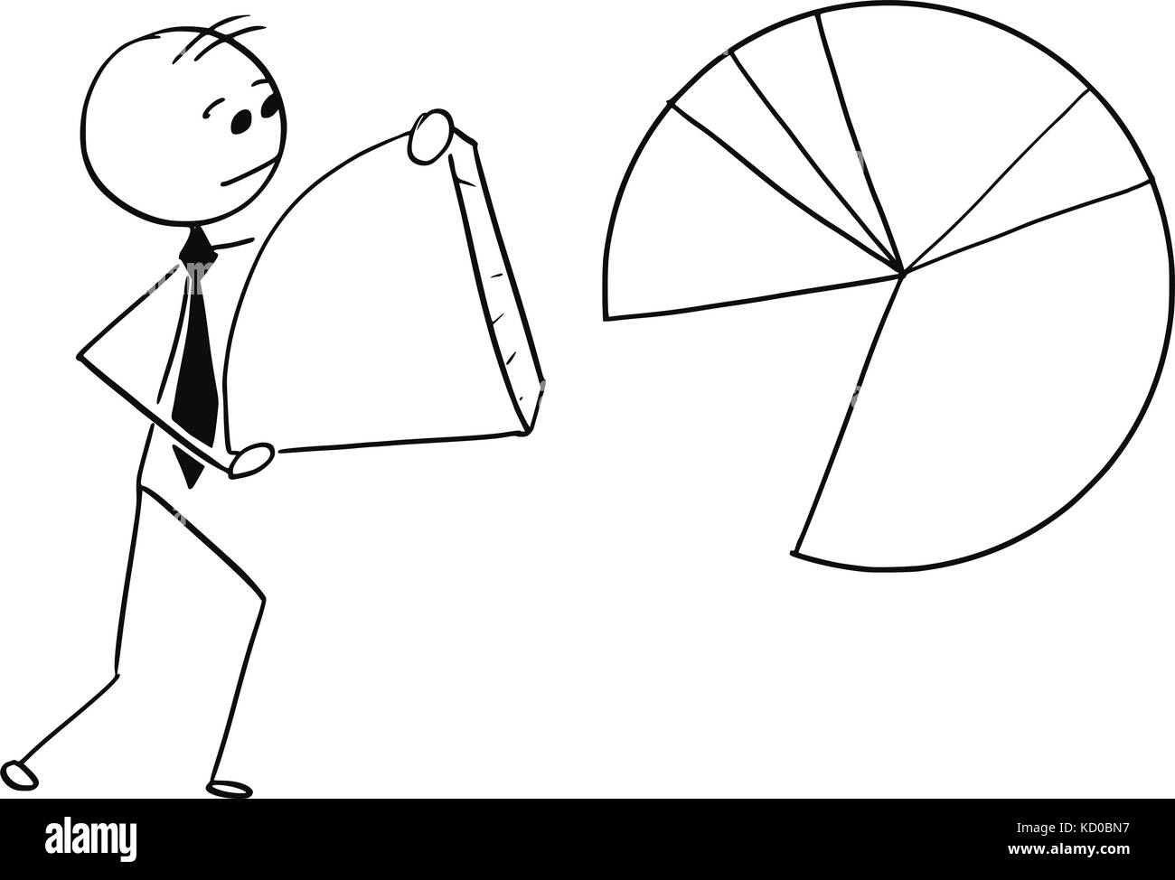 Cartoon stick man illustration of businessman carry piece of pie chart graph. Stock Vector