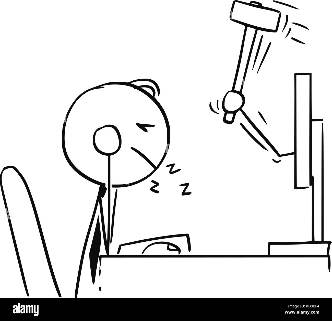 Cartoon stick man illustration of tired sleeping businessman or clerk working on computer and wake up from computer conceptual concept. Stock Vector
