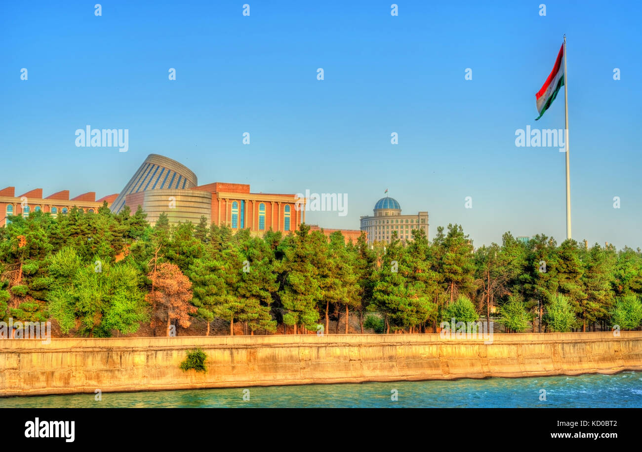 View of Dushanbe with the Varzob River and the Flagpole. Tajikistan, Central Asia Stock Photo