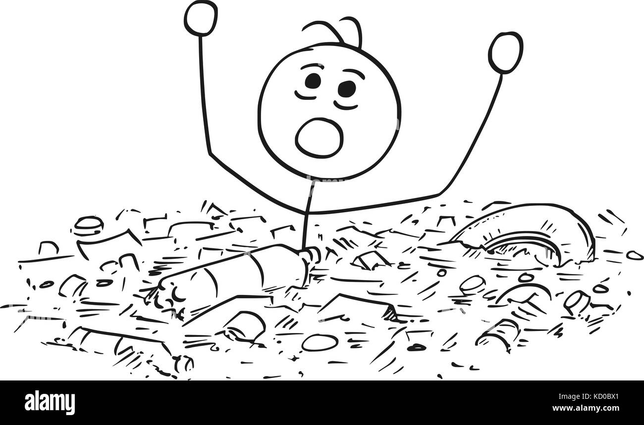 Cartoon stick man illustration of man drowning in waste garbage litter trash dump . Stock Vector