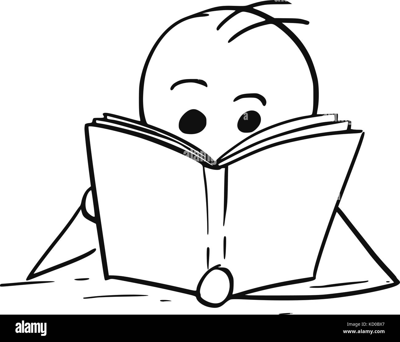 Cartoon stick man illustration of boy or man reading a book. Stock Vector