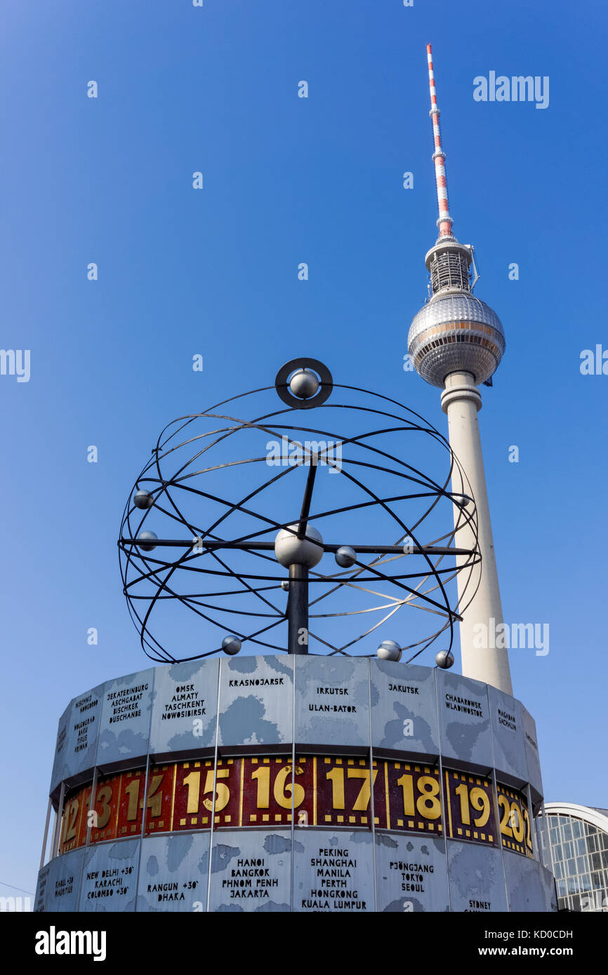 The World Clock, Weltzeituhr and the TV Tower on Alexanderplatz in Berlin, Germany Stock Photo