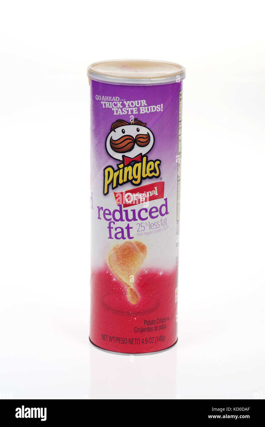 Unopened can of Reduced Fat Original Pringles on white background, cutout Stock Photo