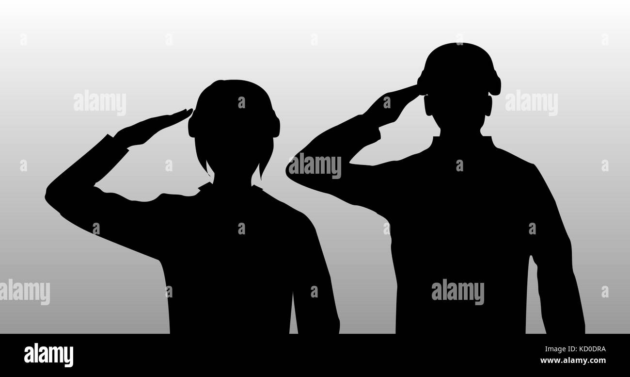 silhouette black salute men and women soldier Stock Vector