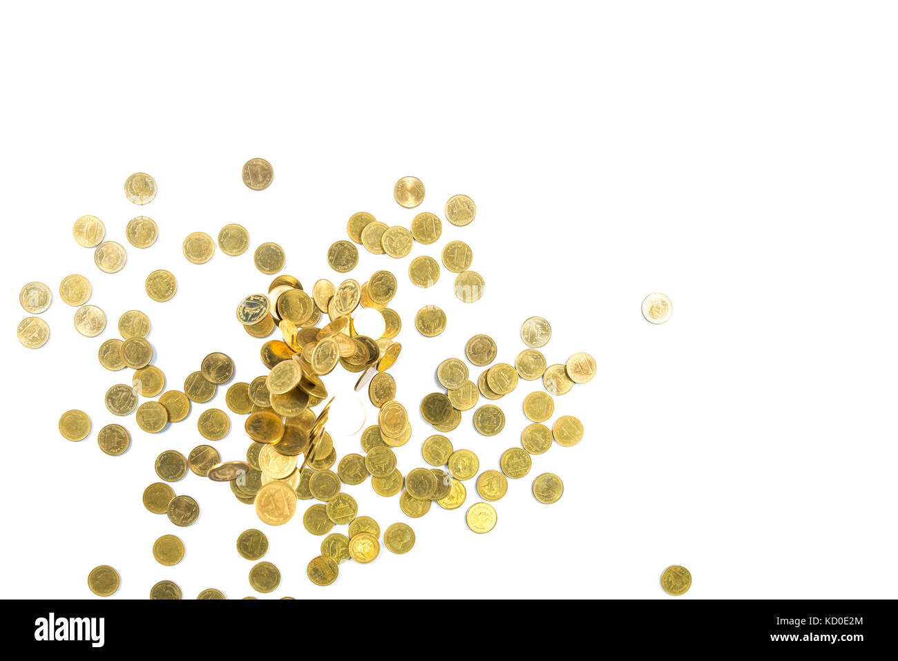Top view of Falling gold coins money isolated on the white background ...