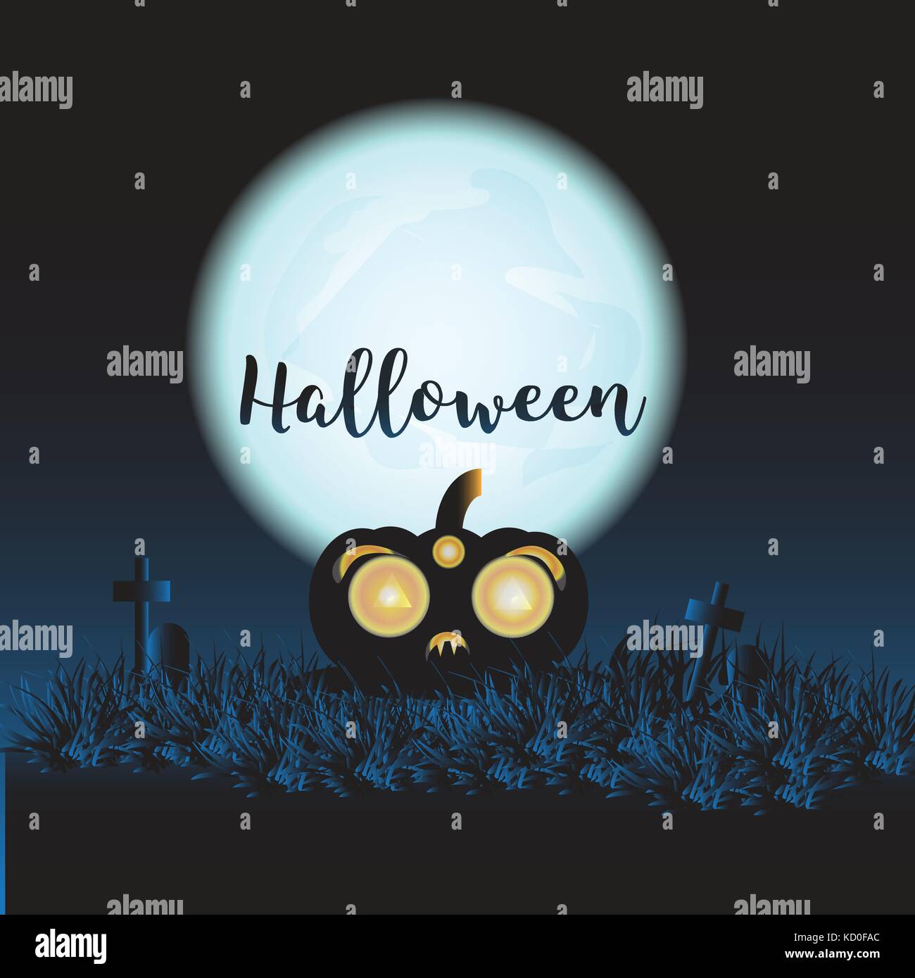 Halloween background  on dark night with full moon backdrop, graveyards, Scary and Silent ,cross on weary fields,haunted castle, dead tree. Stock Vector