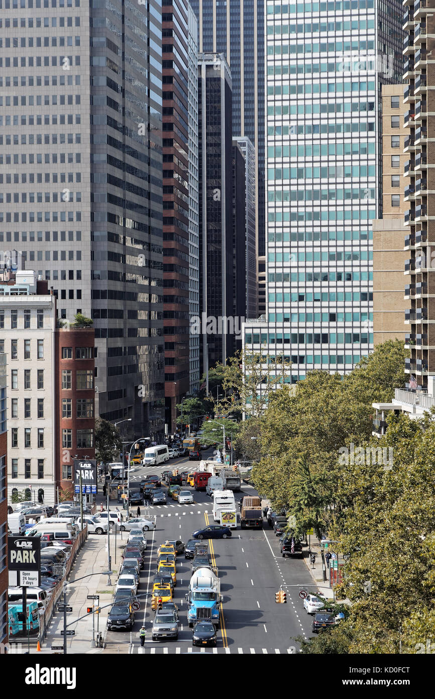 NEW YORK CITY, USA, September 11, 2017 Streets of Manhattan from Brooklyn Bridge. Manhattan is
