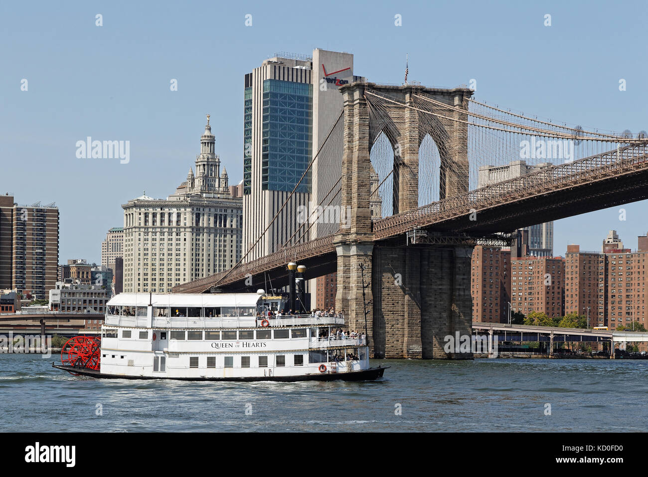 NEW YORK CITY, USA, September 11, 2017 : Paddle boat under Brooklyn Bridge. The Brooklyn Bridge is one of the oldest bridges in the US. It connects th Stock Photo