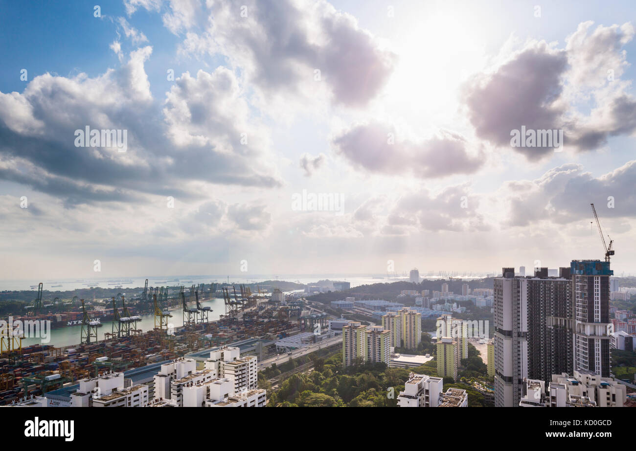 Elevated distant view of container terminal, Singapore, South East Asia Stock Photo