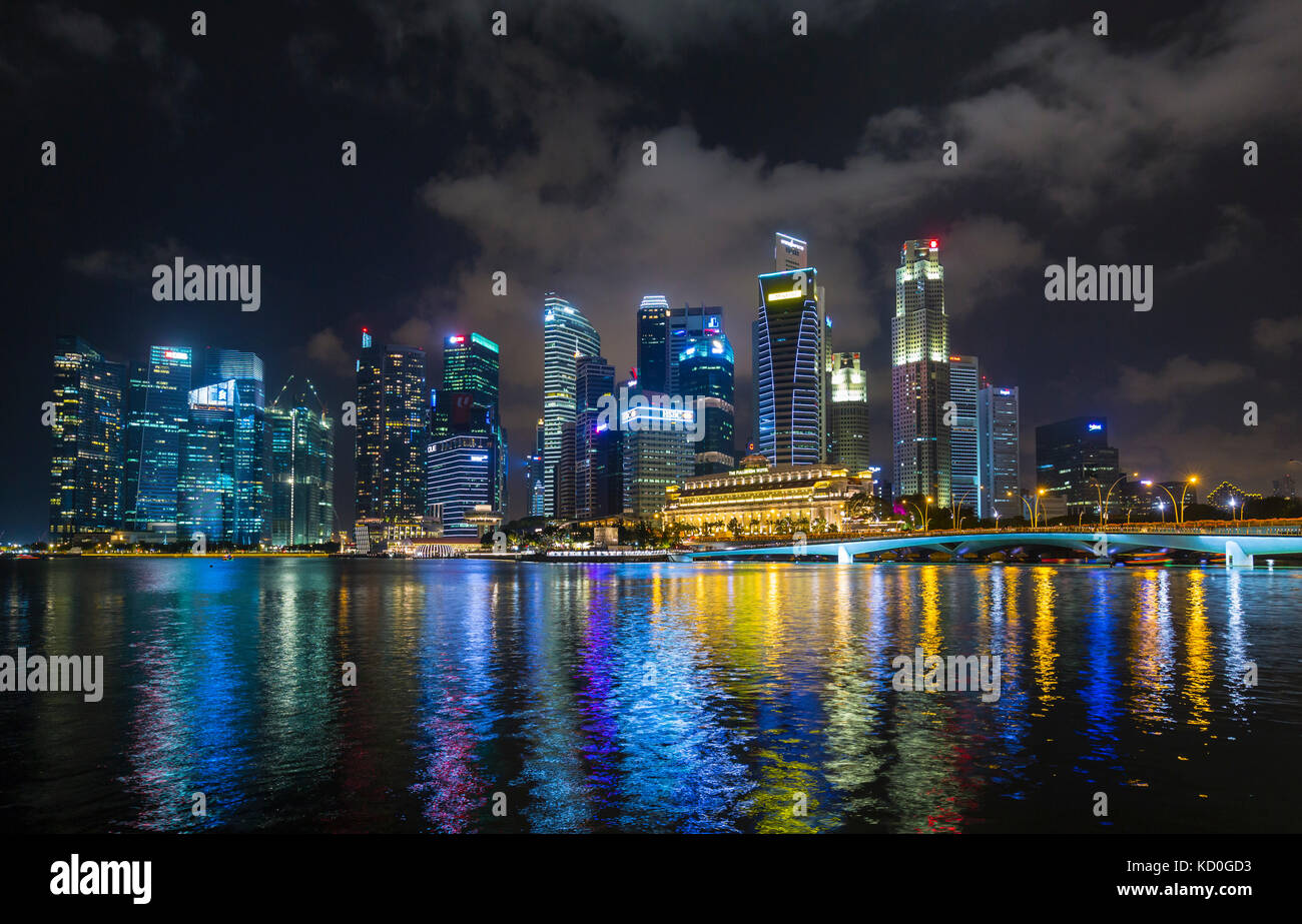 Waterfront skyline at Marina Bay at night, Singapore, South East Asia Stock Photo
