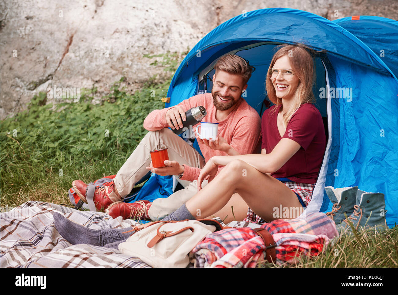 Couple camping, sitting by tent, Krakow, Malopolskie, Poland, Europe Stock  Photo - Alamy