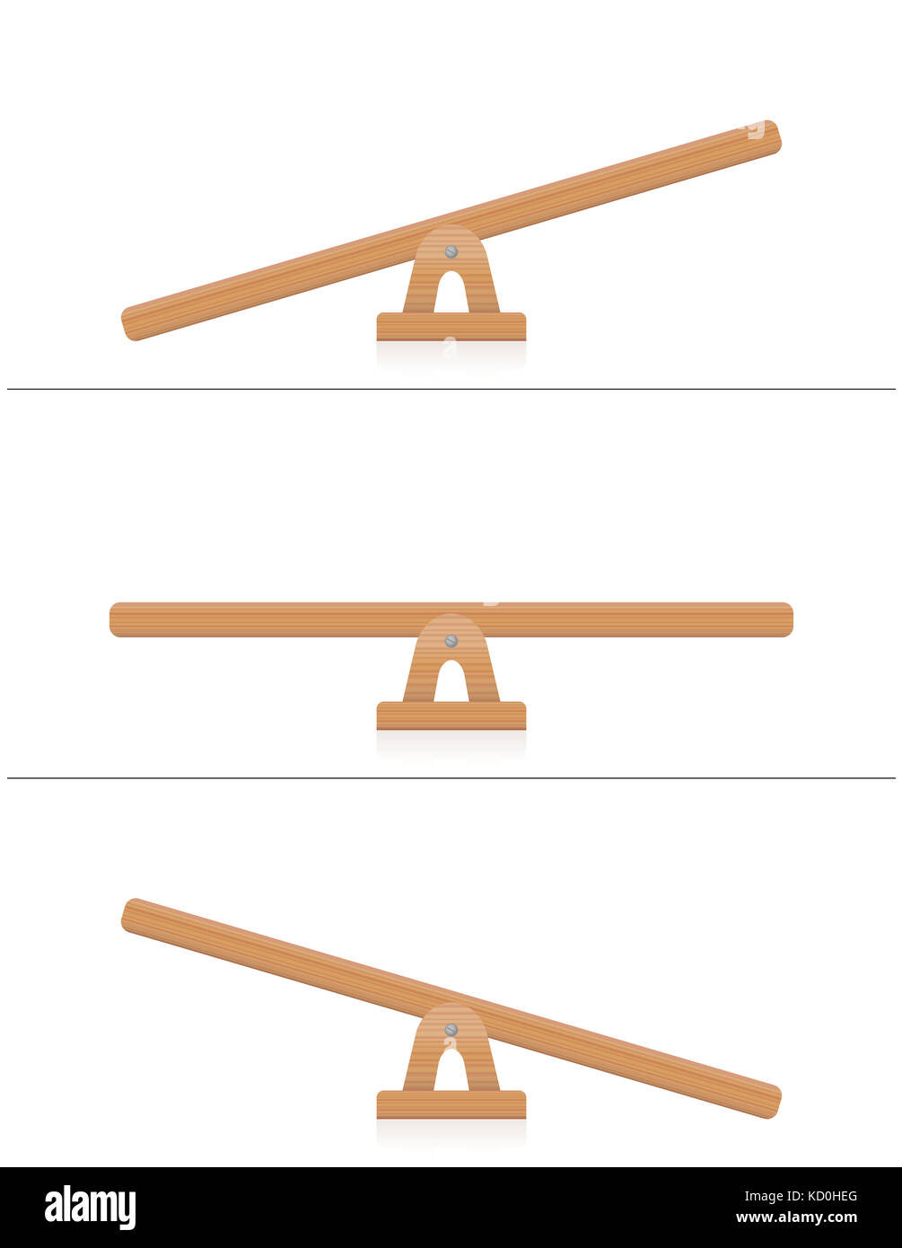 Seesaw or wooden balance scale - balanced and unbalanced, equal and unequal weightiness - illustration on white background. Stock Photo