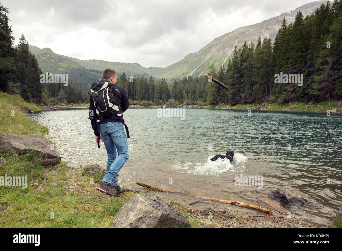 Man with dog hiking by lake, Tirol, Steiermark, Austria, Europe Stock Photo