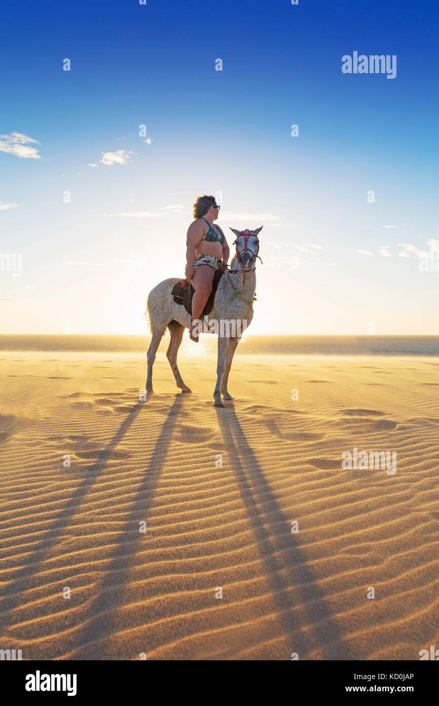 Woman riding horse on beach, side view, Jericoacoara, Ceara, Brazil, South America Stock Photo