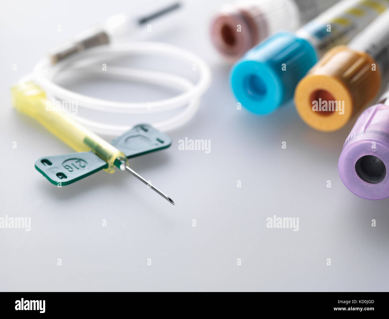 A variety of medical samples including blood and chemistry with a blood collection set Stock Photo