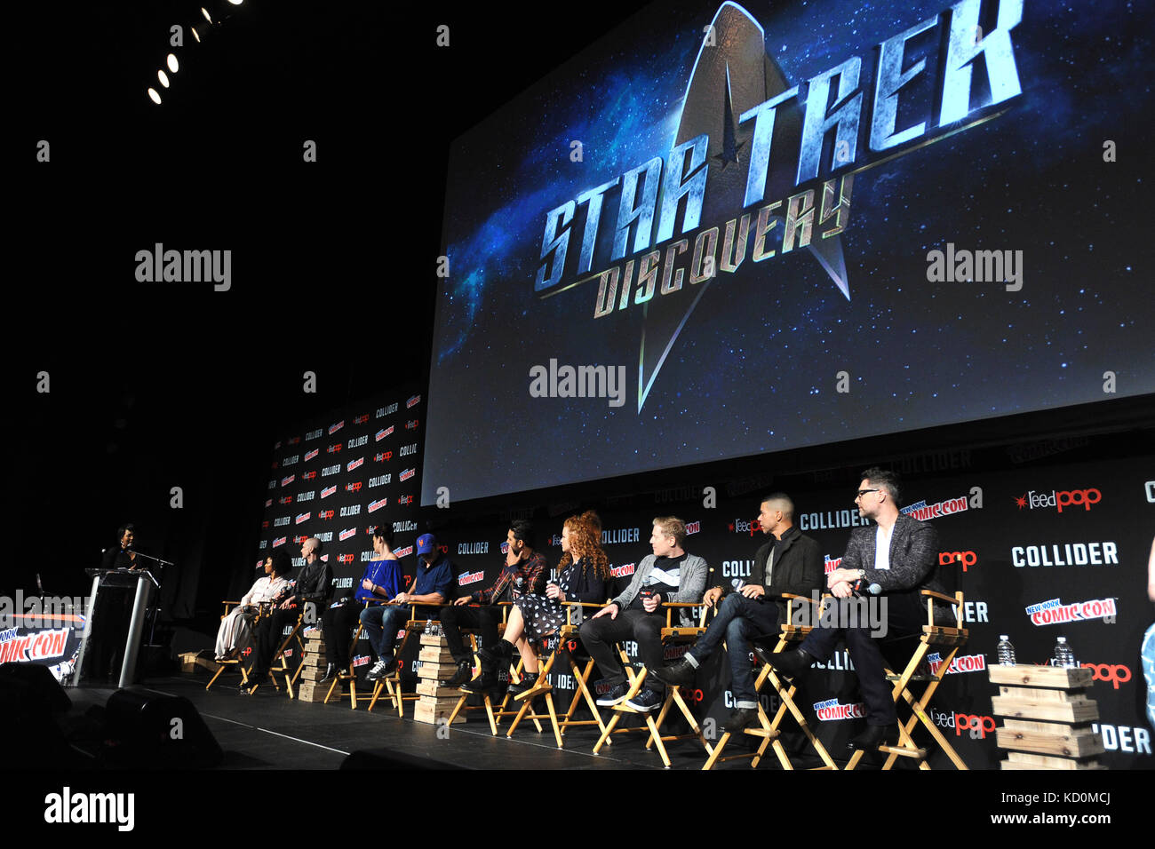 Mae Jemison, Sonequa Martin-Green, Doug Jones, Mary Chieffo, Jason Isaacs, Shazad Latif, Mary Wiseman, Anthony Rapp, Wilson Cruz and Aaron Harberts attend the 'Star Trek: Discovery' Panel at The Theater at Madison Square Garden during the New York Comic Con 2017 on October 7, 2017 in New York City. Stock Photo