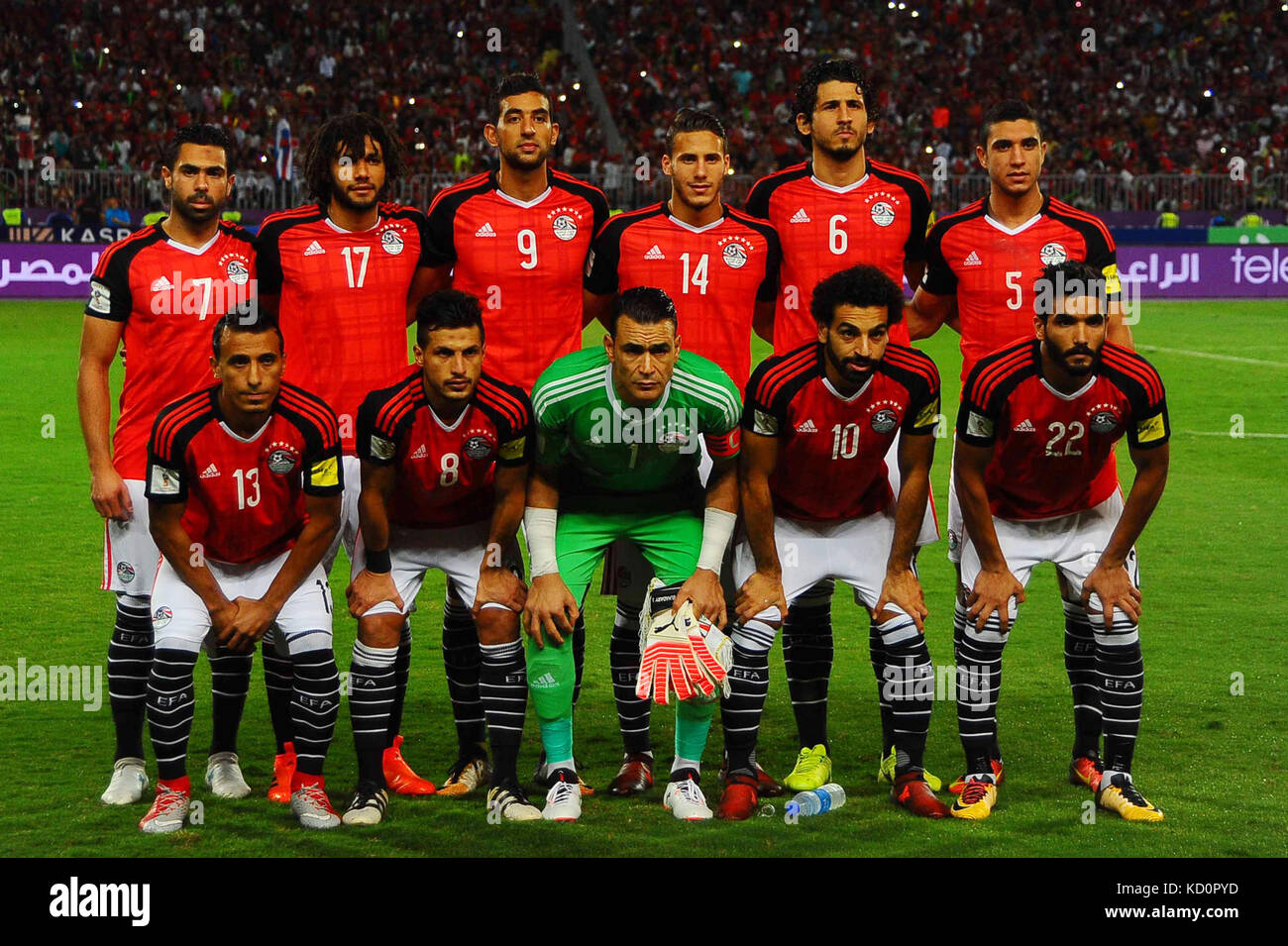 Alexandria, Alexandria, Egypt. 9th Apr, 2008. (L-R) Egypt's Mohamed Abdel-Shafy, Tarek Hamed, Essam El-Hadary, Mohamed Salah, Saleh Gomaa, Ahmed Fathy, Mohamed Elneny, Hassan Ahmed, Ramadan Sobhi, Ahmed Hegazi, Mohamed Abdel-Shafy pose for a team picture during their World Cup 2018 Africa qualifying match between Egypt and Congo at the Borg el-Arab stadium in Alexandria on October 8, 2017 Credit: Amr Sayed/APA Images/ZUMA Wire/Alamy Live News Stock Photo