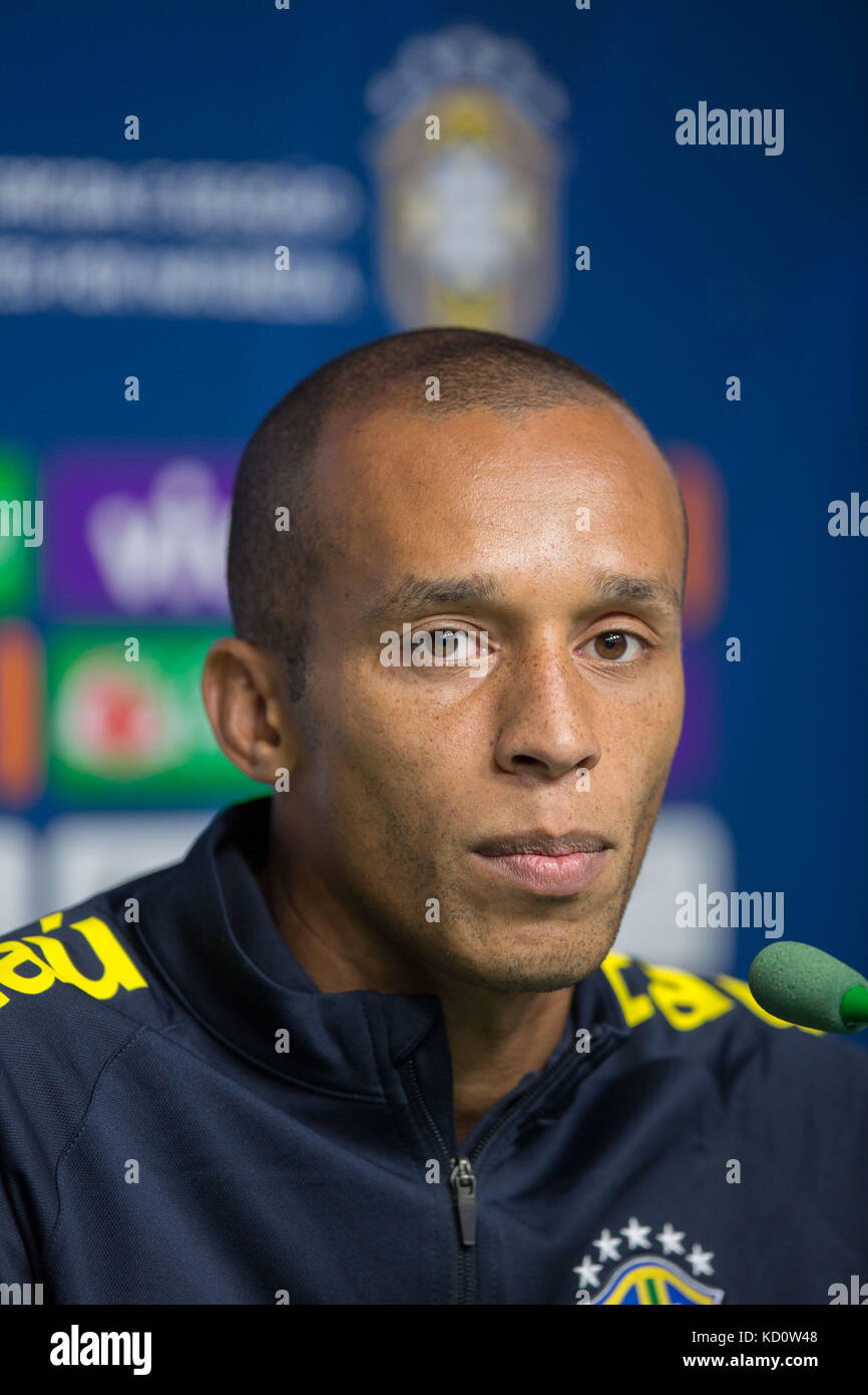 Sao Paulo, Sao Paulo, Brazil. 8th Oct, 2017. Brazil's soccer player MIRANDA attends a press conference after the training session of the Brazil's national soccer team in Sao Paulo, Brazil, before the match against Chile, for the qualifiers of the upcoming Russia 2018 World Cup. Credit: Paulo Lopes/ZUMA Wire/Alamy Live News Stock Photo