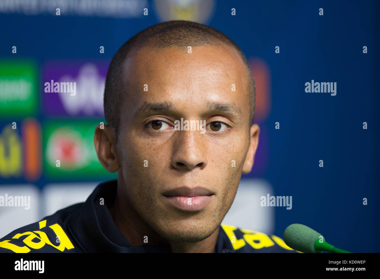 Sao Paulo, Sao Paulo, Brazil. 8th Oct, 2017. Brazil's soccer player MIRANDA attends a press conference after the training session of the Brazil's national soccer team in Sao Paulo, Brazil, before the match against Chile, for the qualifiers of the upcoming Russia 2018 World Cup. Credit: Paulo Lopes/ZUMA Wire/Alamy Live News Stock Photo