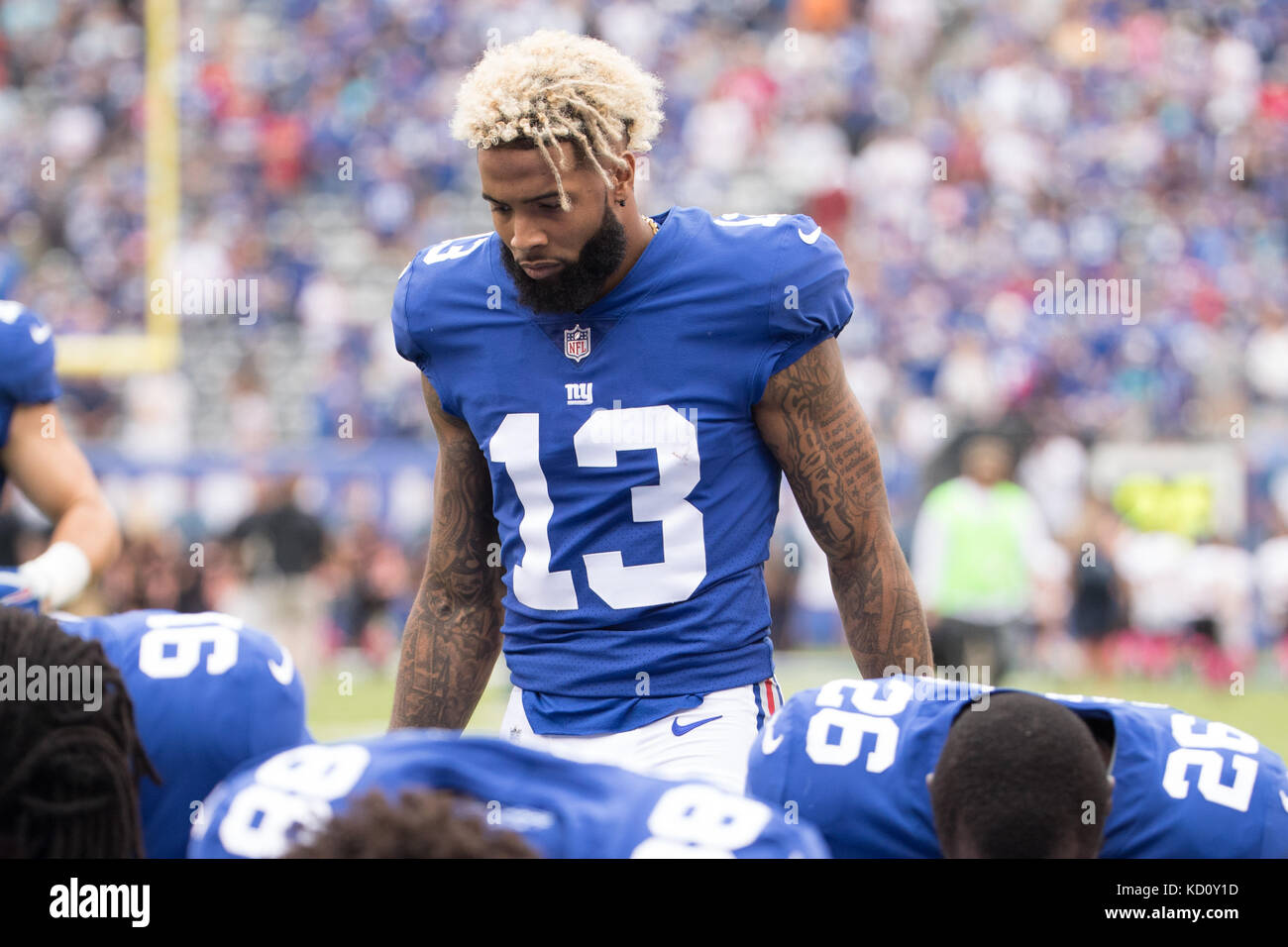 October 8, 2017, New York Giants wide receiver Odell Beckham Jr. (13) looks  on prior to the NFL game between the Los Angeles Chargers and the New York  Giants at MetLife Stadium
