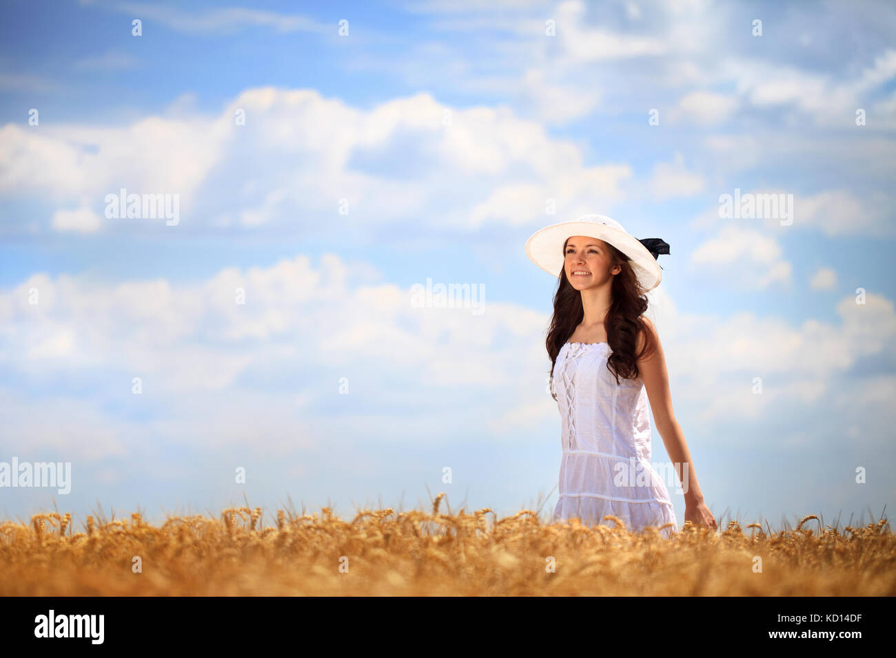 Young beautiful woman in golden wheat field Stock Photo - Alamy
