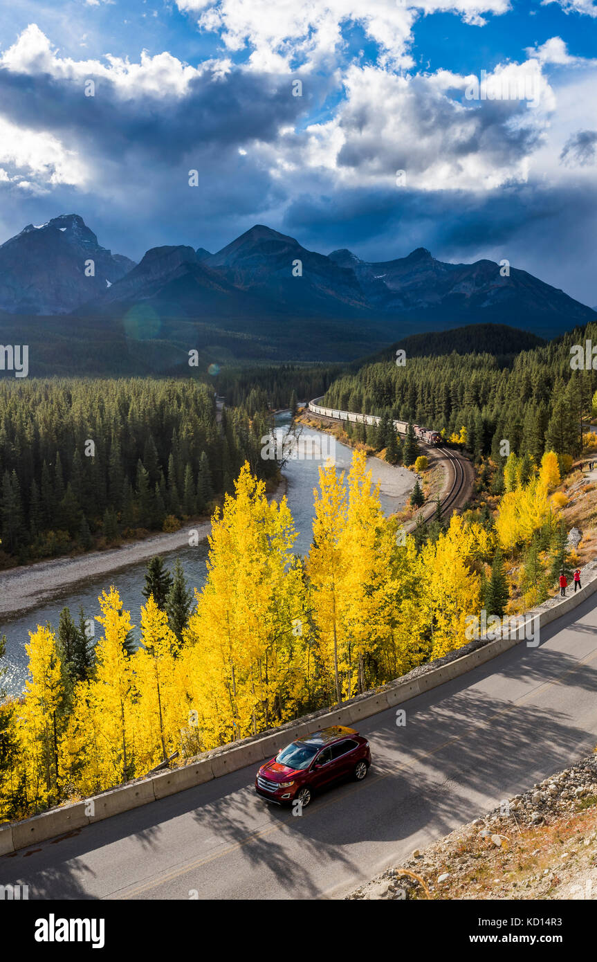 Freight train, Morant's Curve, Banff National Park, Alberta, Canada. Stock Photo