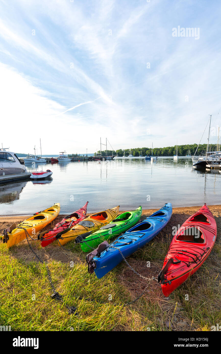 Kayaks on waterfront, Baddeck, Cape Breton, Nova Scotia, Canada Stock Photo