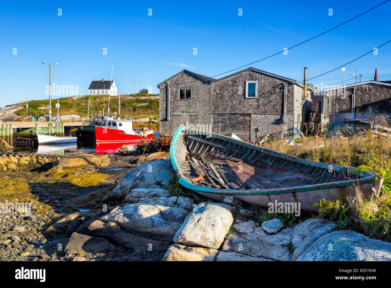 Old wooden dory and shed, Peggys Cove, Nova Scotia, Canada Stock Photo