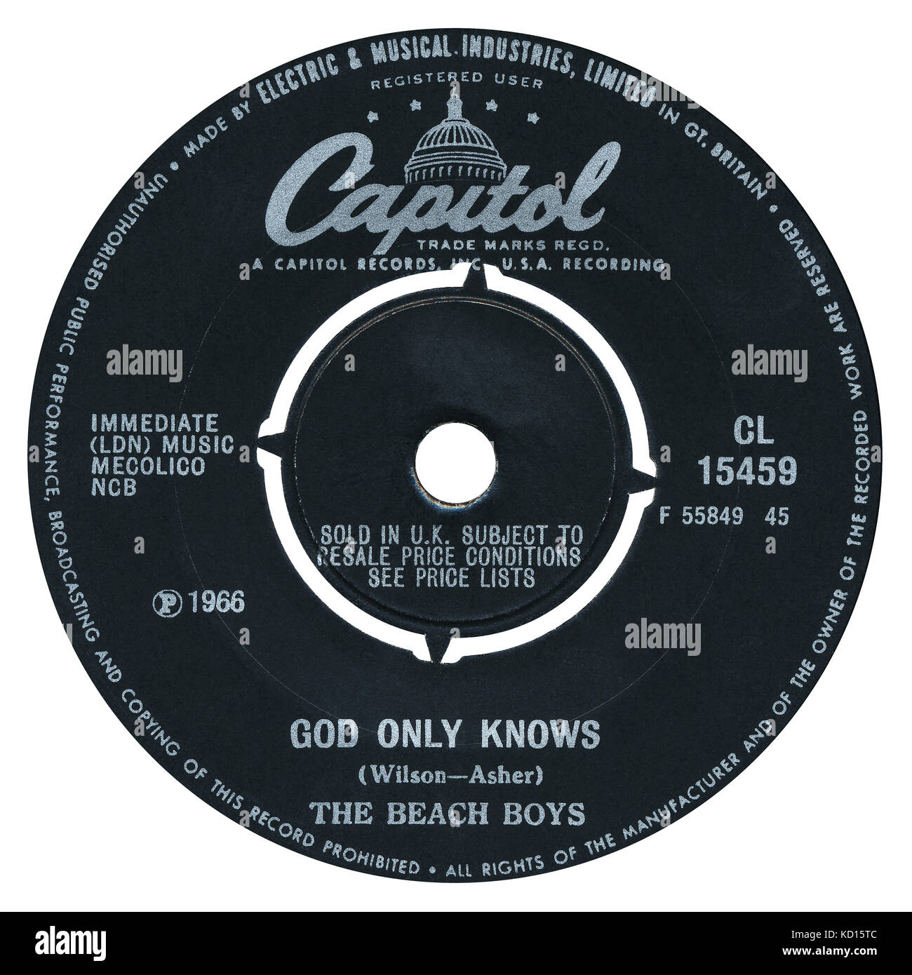 45 RPM 7' UK record label of God Only Knows by The Beach Boys on the Capitol label from 1966. Stock Photo