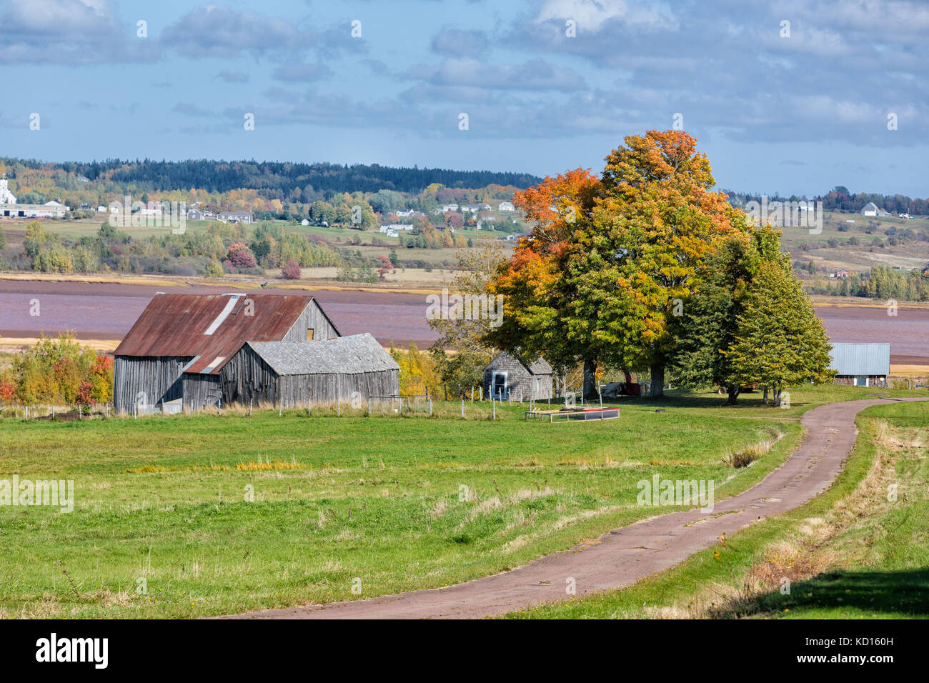 Barn and country lane, Coverdale, Albert County, New Brunswick, Canada Stock Photo