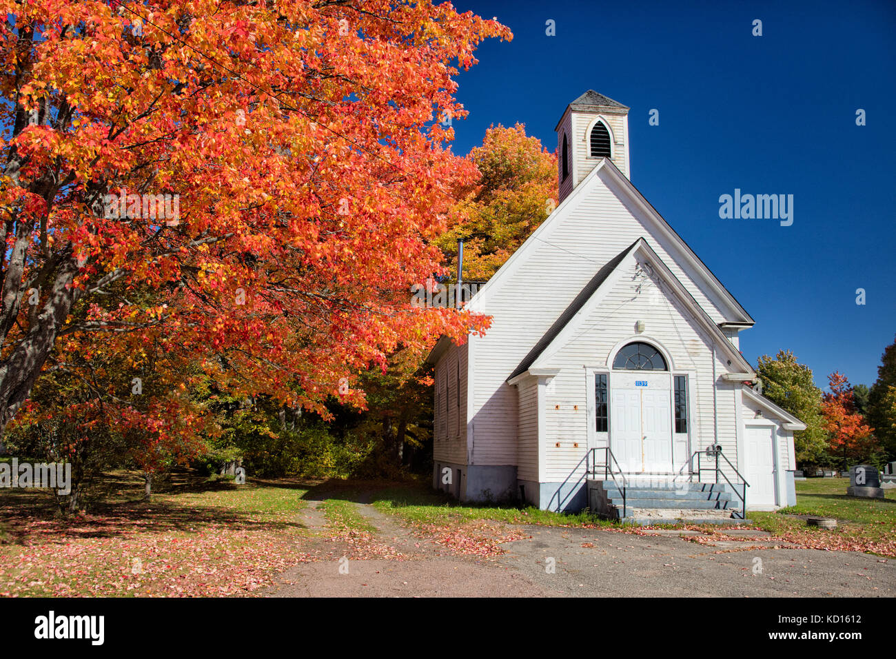 Maple trees and church, Coverdale, Riverview, New Brunswick, Canada Stock Photo