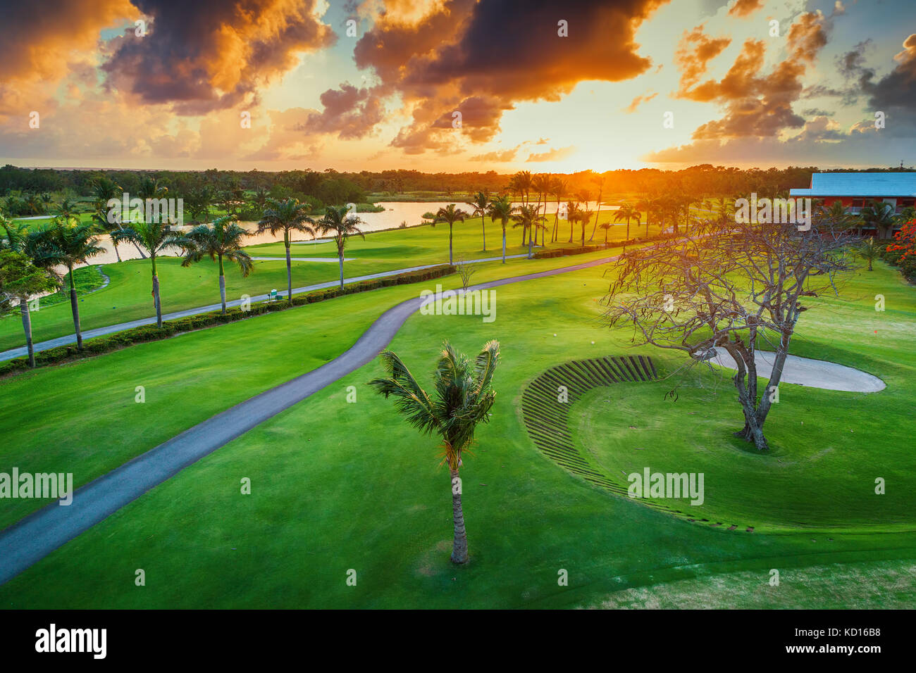 Aerial view of tropical golf course at sunset, Dominican Republic
