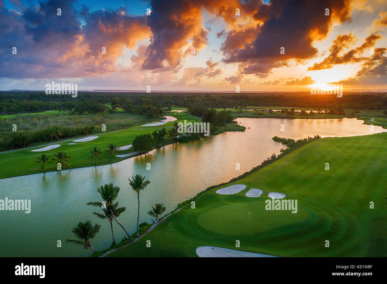 Aerial view of tropical golf course at sunset, Dominican Republic