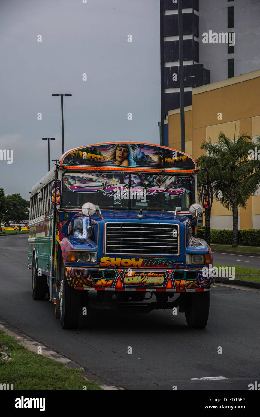 SMUG, CONCEITED, VAIN, SNOOSTY. BUS RED DEVIL DIABLO ROJO PAINTED BUS PANAMA CITY REPUBLIC OF PANAMA Stock Photo