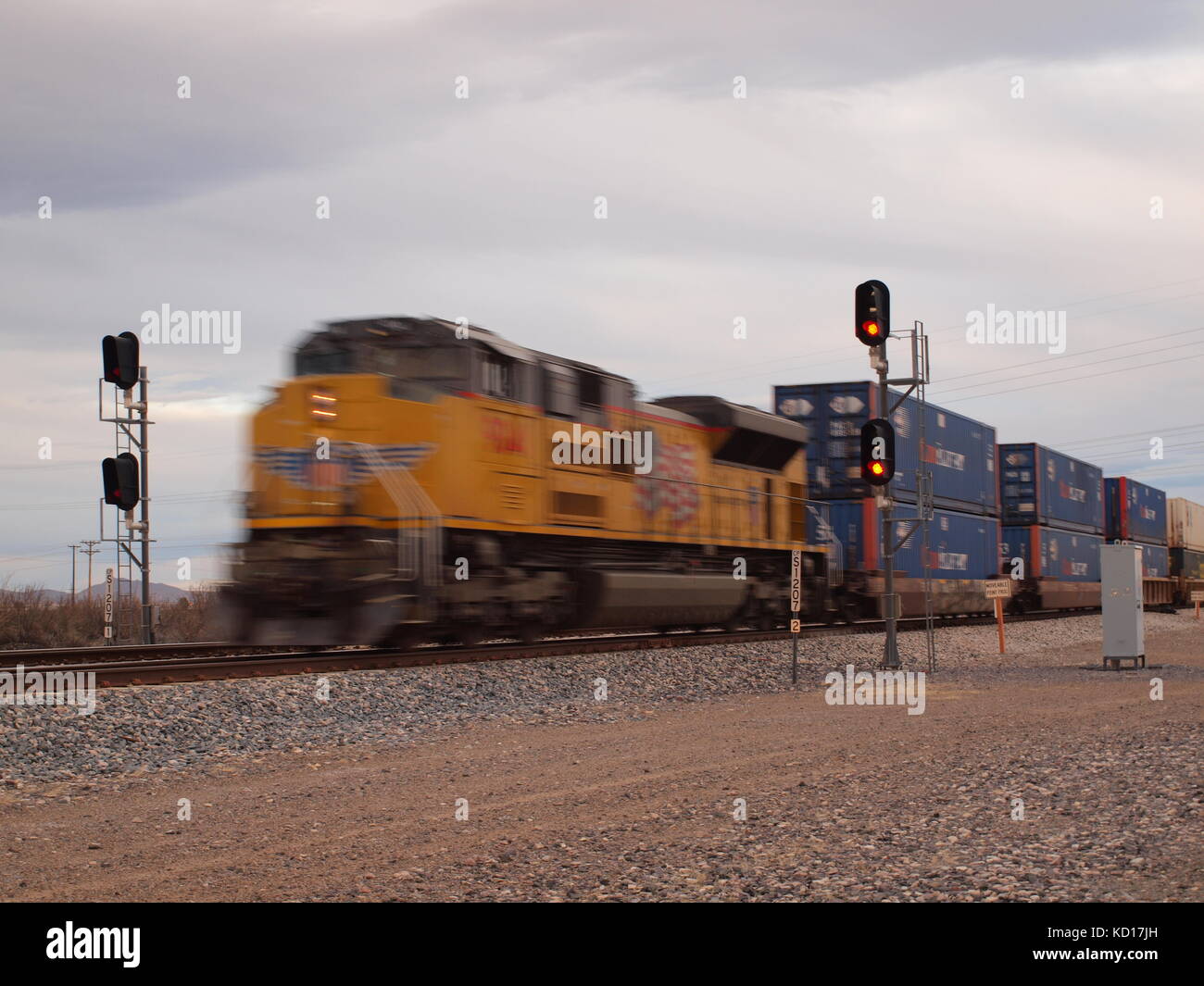 Union Pacific fast freight westbound in New Mexico outside Deming. Stock Photo