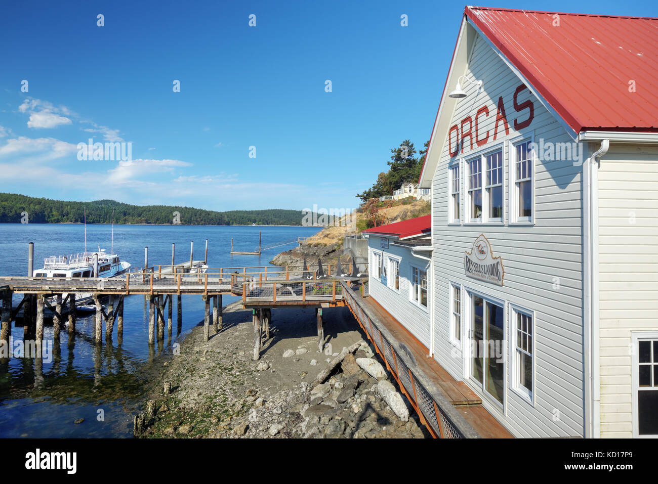 Russells' Landing on waterfront at ferry terminal on Orcas Island, Orcas Village, Washington, USA Stock Photo